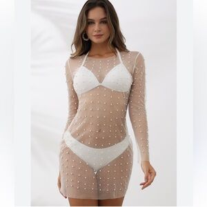 Sheer Pearl Embellished Rhinestones Mesh Cover-Up Long Sleeve Dress Small